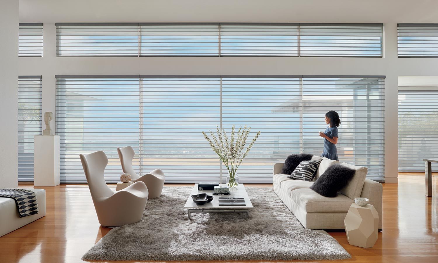 Horizontal Sheer Blinds by Hunter Douglas in a neutral living room