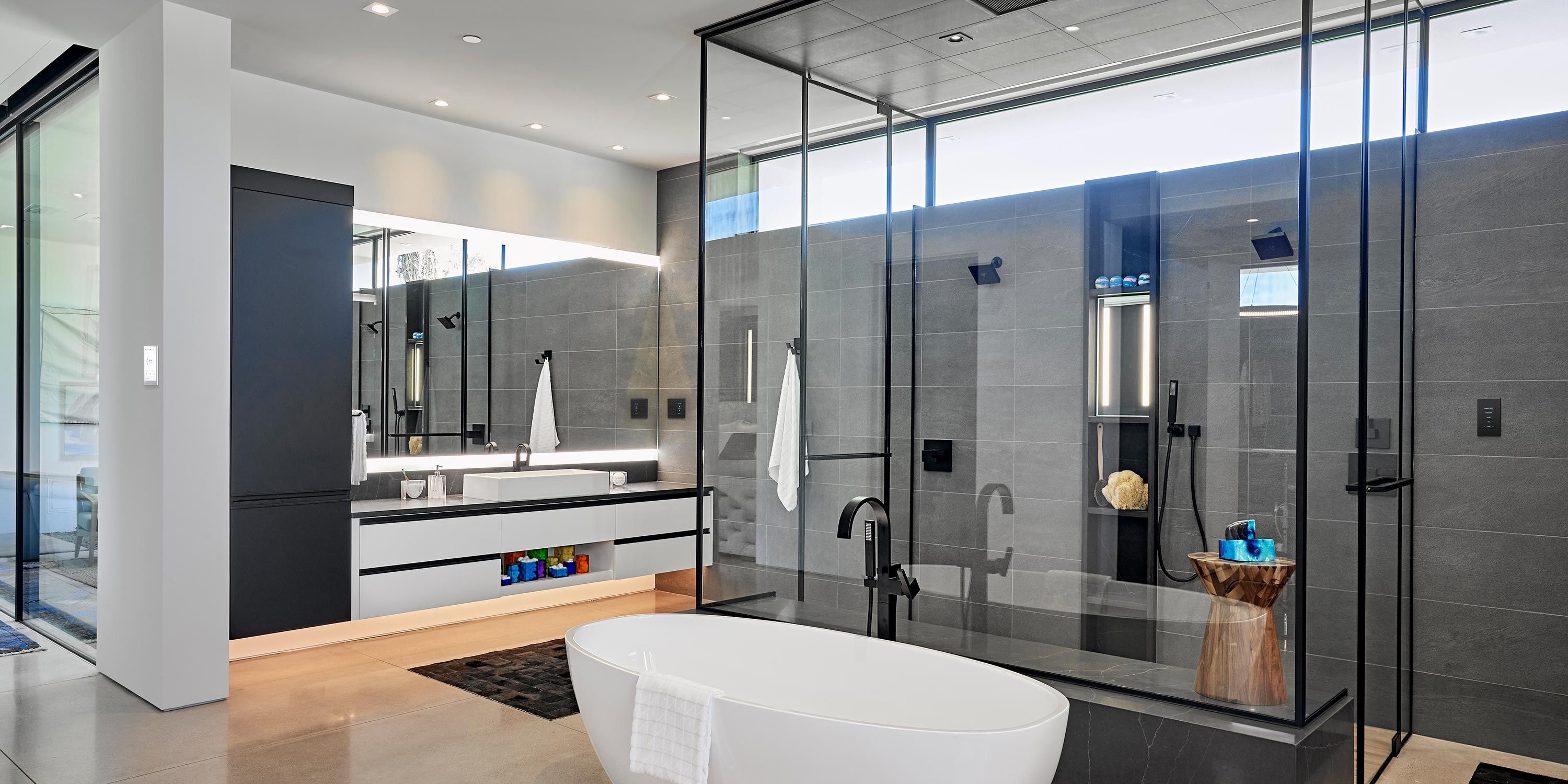 Crestron Home luxury black and white bathroom